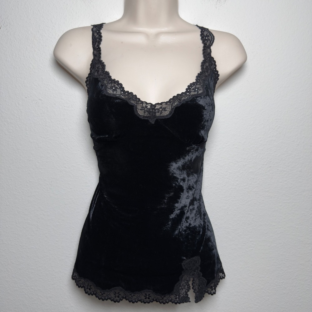 VTG Y2K Express Women Fairy Grunge Velvet Cami Top Large Black Lace Whimsigoth